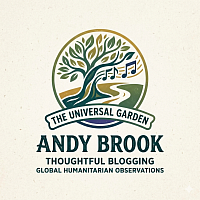 ​Andy Brook Blogs logo: A circular emblem featuring a tree with musical notes, representing The Universal Garden.