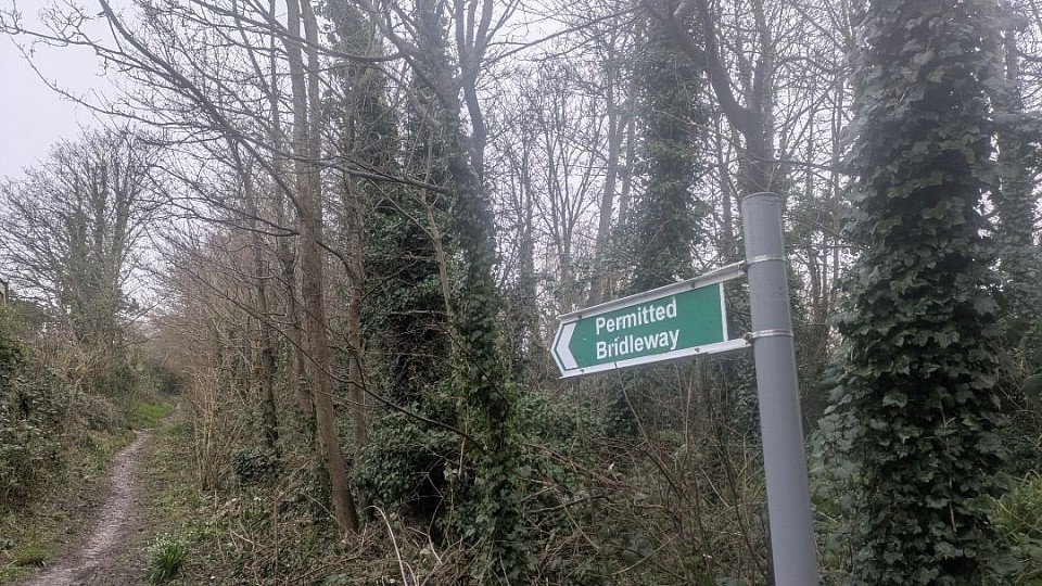 A misty, winding  path on the North Lancing Bridleway in winter, showing bare trees and a flint wall