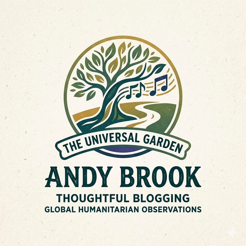 ​Andy Brook Blogs logo: A circular emblem featuring a tree with musical notes, representing The Universal Garden.